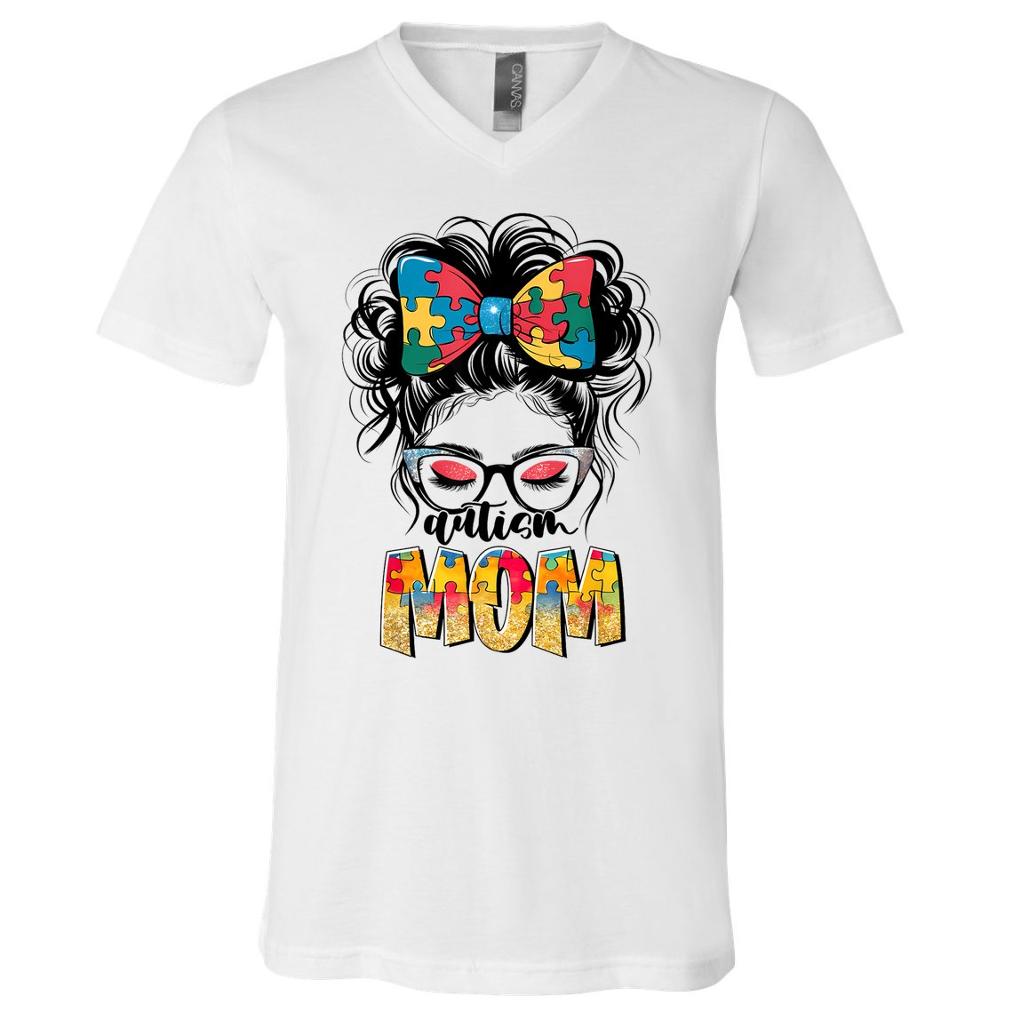 Autism Awareness Messy Bun Autism Mom Coquette Bow Puzzle V-Neck T-Shirt