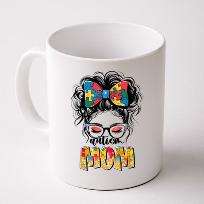 Autism Awareness Messy Bun Autism Mom Coquette Bow Puzzle Mug