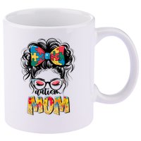 Autism Awareness Messy Bun Autism Mom Coquette Bow Puzzle 11oz C Handle Ceramic Mug
