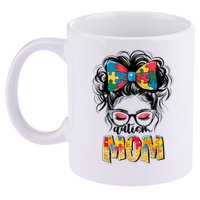 Autism Awareness Messy Bun Autism Mom Coquette Bow Puzzle 11oz C Handle Ceramic Mug