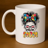 Autism Awareness Messy Bun Autism Mom Coquette Bow Puzzle 11oz C Handle Ceramic Mug