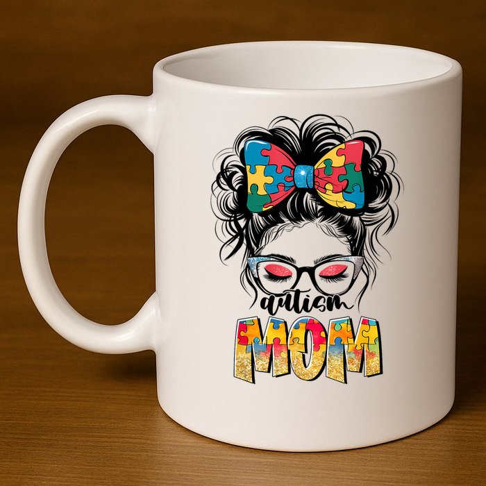 Autism Awareness Messy Bun Autism Mom Coquette Bow Puzzle 11oz C Handle Ceramic Mug