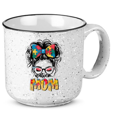 Autism Awareness Messy Bun Autism Mom Coquette Bow Puzzle 15oz Campfire Ceramic Mug