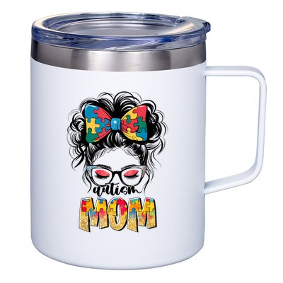 Autism Awareness Messy Bun Autism Mom Coquette Bow Puzzle 12oz Stainless Steel Coffee Mug