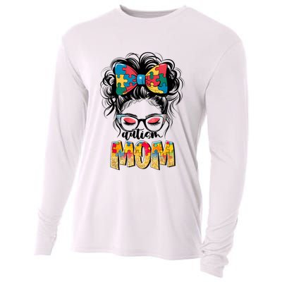 Autism Awareness Messy Bun Autism Mom Coquette Bow Puzzle Cooling Performance Long Sleeve Crew