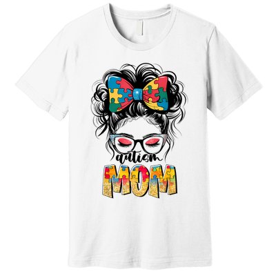 Autism Awareness Messy Bun Autism Mom Coquette Bow Puzzle Premium T-Shirt