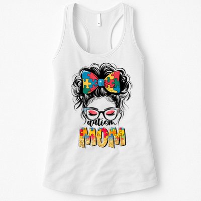 Autism Awareness Messy Bun Autism Mom Coquette Bow Puzzle Womens Tank Top