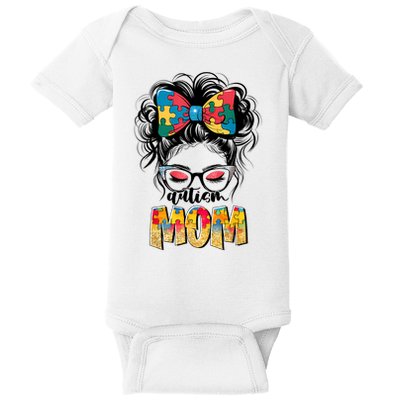 Autism Awareness Messy Bun Autism Mom Coquette Bow Puzzle Baby Bodysuit