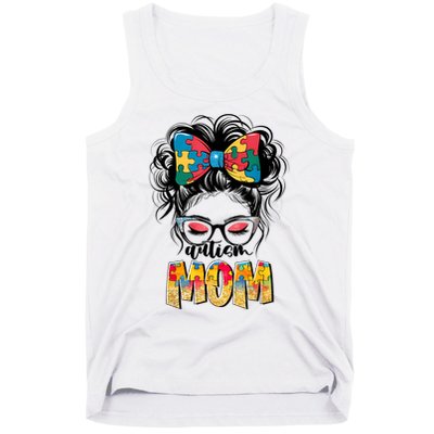 Autism Awareness Messy Bun Autism Mom Coquette Bow Puzzle Tank Top