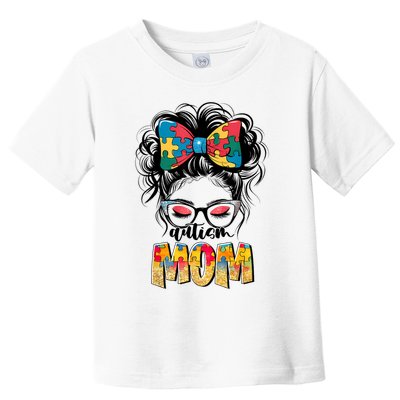 Autism Awareness Messy Bun Autism Mom Coquette Bow Puzzle Toddler T-Shirt
