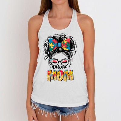 Autism Awareness Messy Bun Autism Mom Coquette Bow Puzzle Women's Knotted Racerback Tank