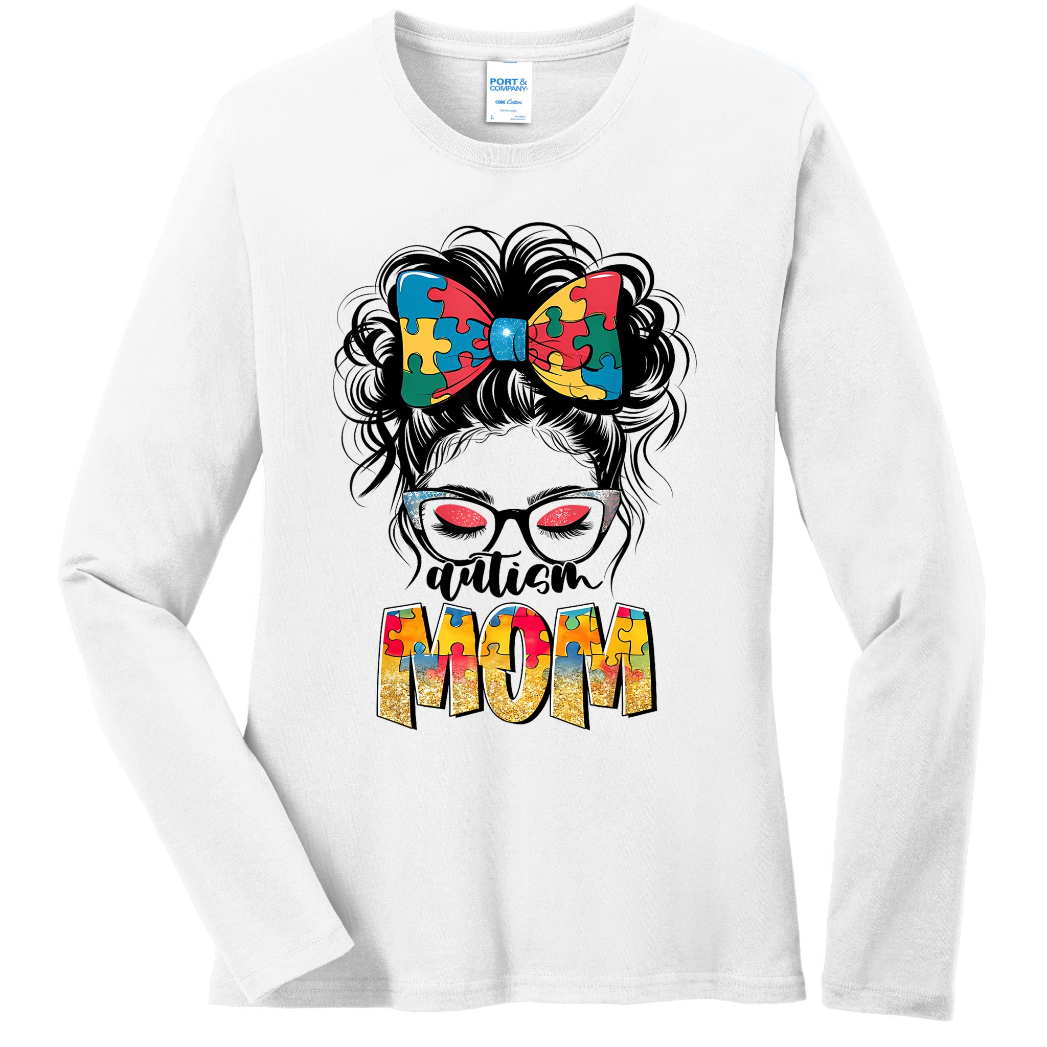 Autism Awareness Messy Bun Autism Mom Coquette Bow Puzzle Ladies Long Sleeve Shirt