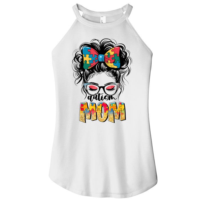 Autism Awareness Messy Bun Autism Mom Coquette Bow Puzzle Women's Perfect Tri Rocker Tank