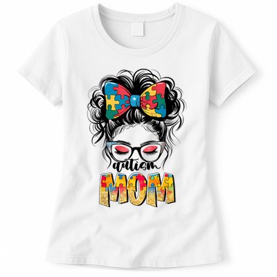 Autism Awareness Messy Bun Autism Mom Coquette Bow Puzzle Womens T-Shirt