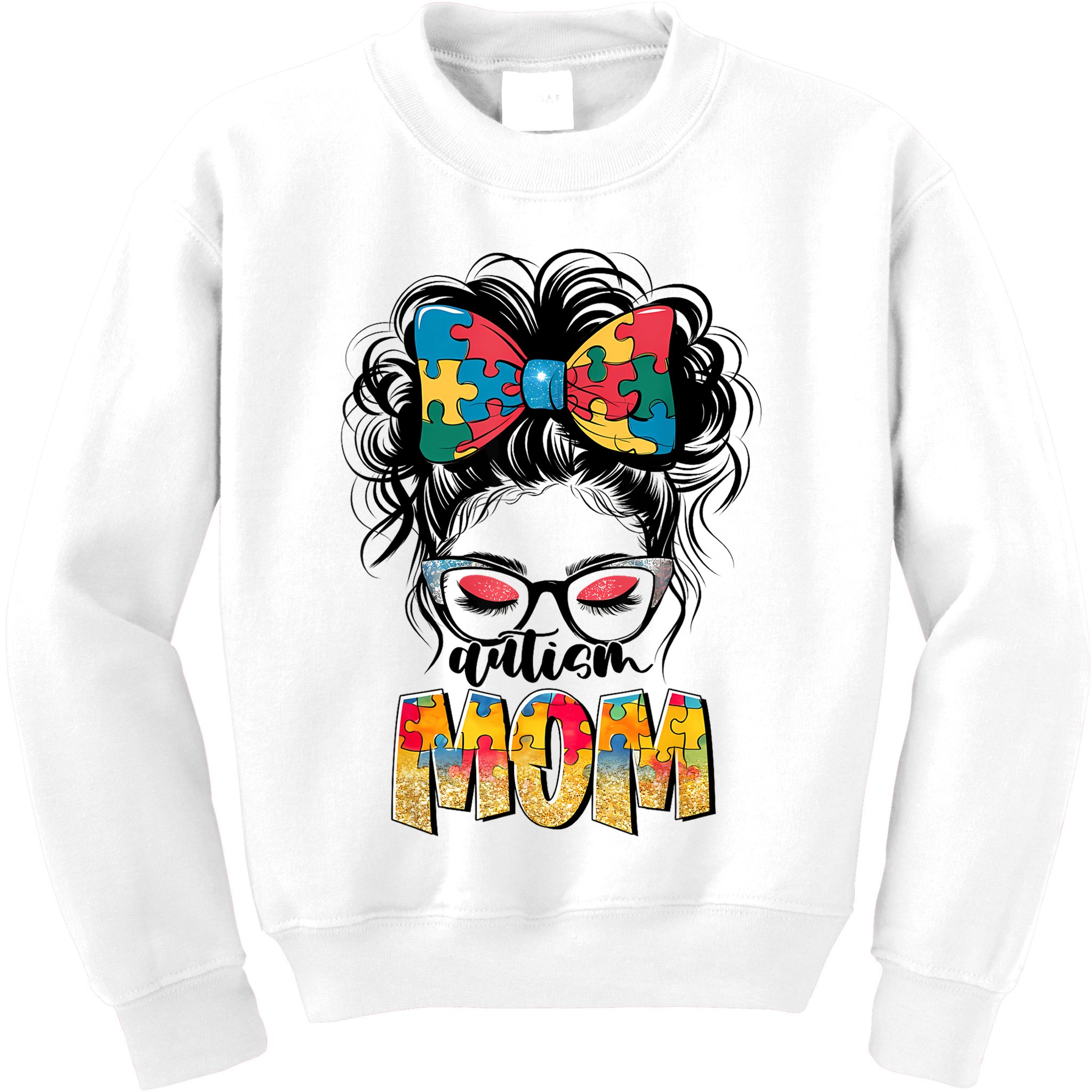 Autism Awareness Messy Bun Autism Mom Coquette Bow Puzzle Kids Sweatshirt