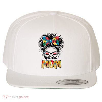 Autism Awareness Messy Bun Autism Mom Coquette Bow Puzzle Wool Snapback Cap