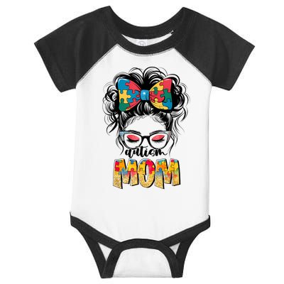 Autism Awareness Messy Bun Autism Mom Coquette Bow Puzzle Infant Baby Jersey Bodysuit
