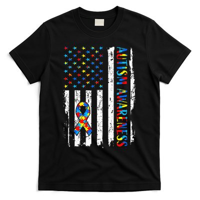 Autism Awareness Mom Dad Usa Flag Autistic Awareness Autism T-Shirt