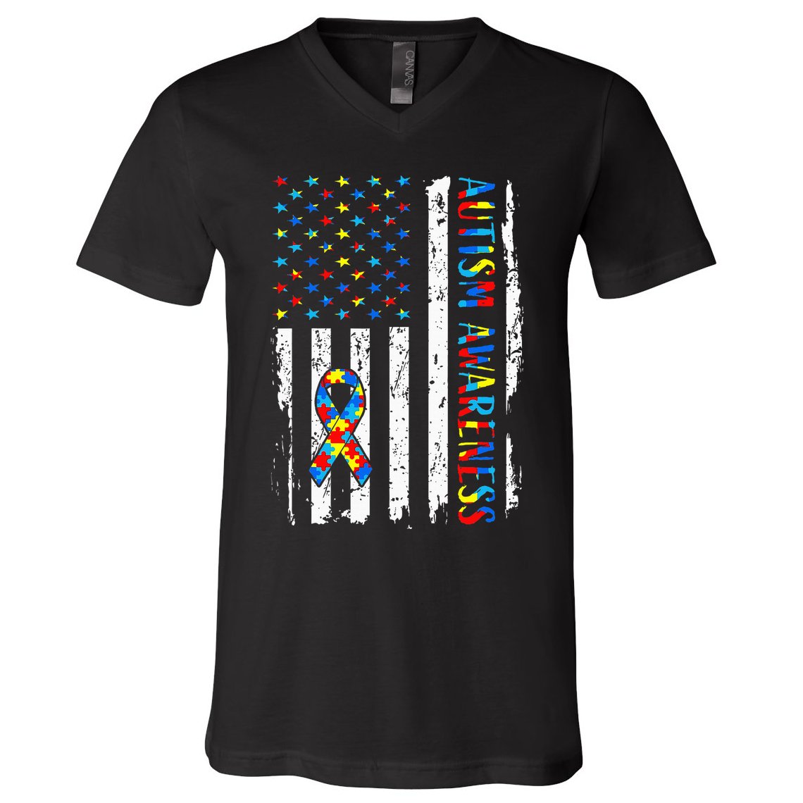 Autism Awareness Mom Dad Usa Flag Autistic Awareness Autism V-Neck T-Shirt