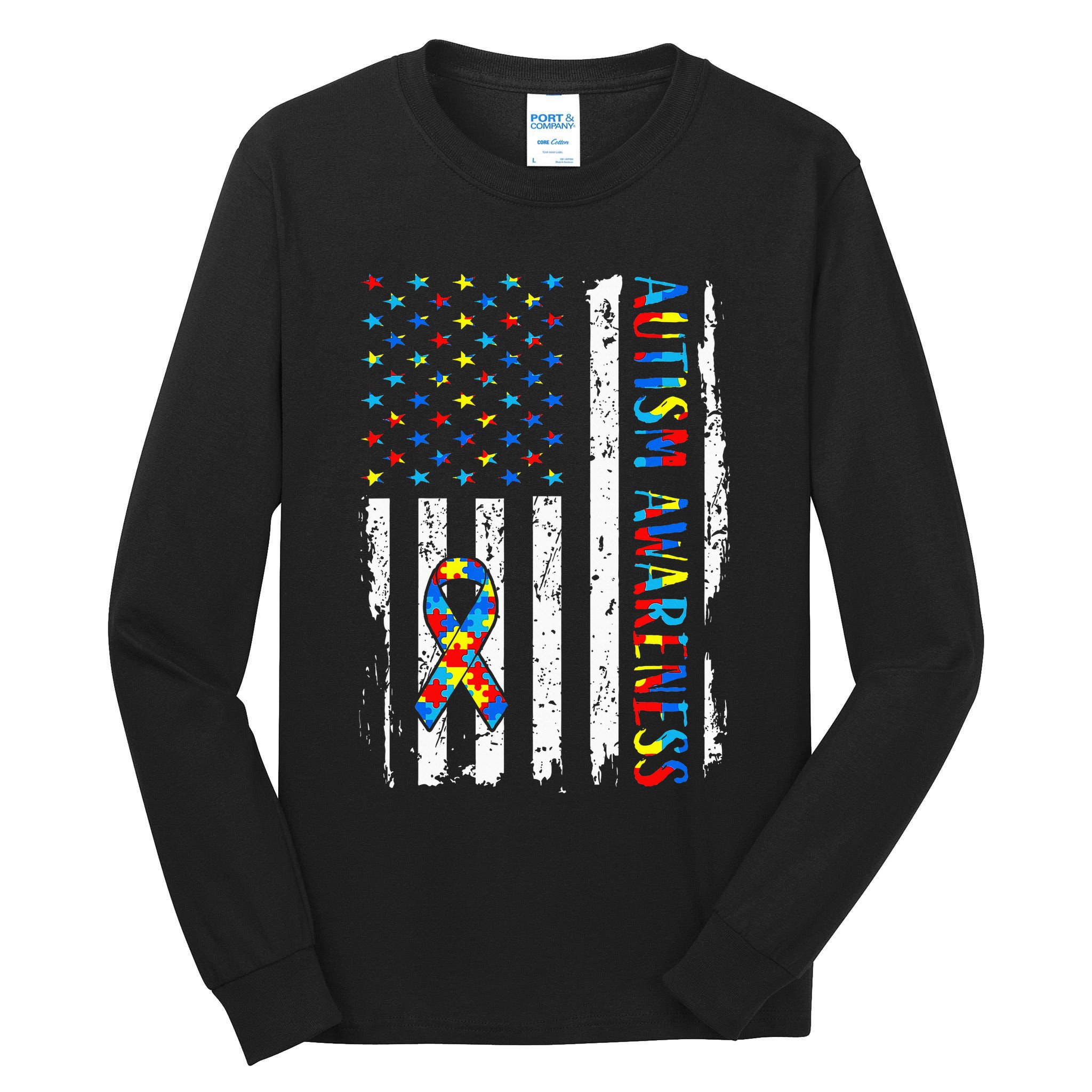 Autism Awareness Mom Dad Usa Flag Autistic Awareness Autism Tall Long Sleeve T-Shirt