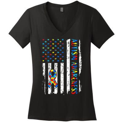 Autism Awareness Mom Dad Usa Flag Autistic Awareness Autism Women's V-Neck T-Shirt