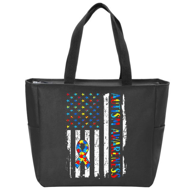 Autism Awareness Mom Dad Usa Flag Autistic Awareness Autism Zip Tote Bag