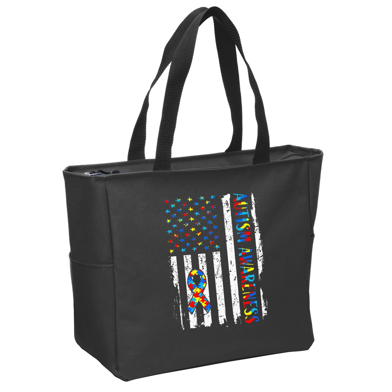 Autism Awareness Mom Dad Usa Flag Autistic Awareness Autism Zip Tote Bag