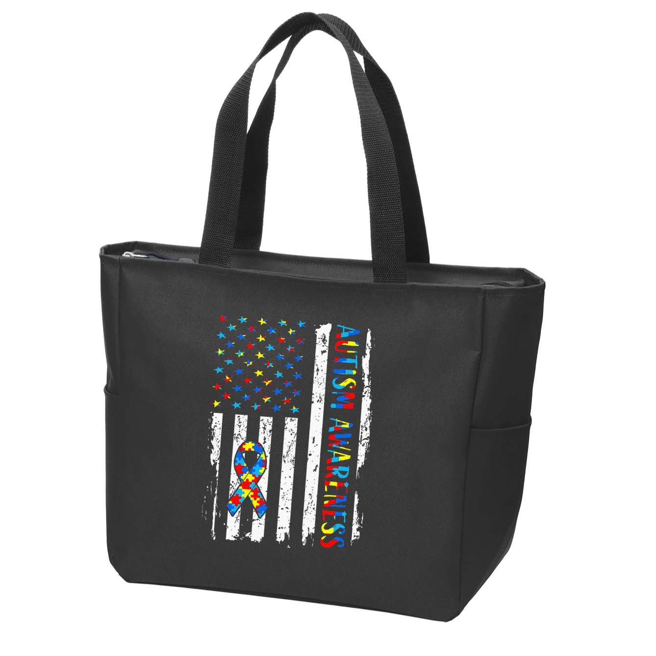 Autism Awareness Mom Dad Usa Flag Autistic Awareness Autism Zip Tote Bag