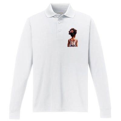 African American Messy Bun Girl Watercolor Performance Long Sleeve Polo