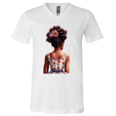 African American Messy Bun Girl Watercolor V-Neck T-Shirt