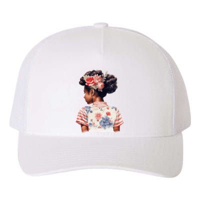 African American Messy Bun Girl Watercolor Flowers Yupoong Adult 5-Panel Trucker Hat