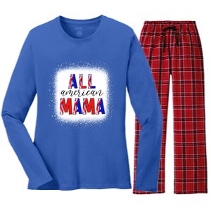 All American Mama 4th Of July Bleached Tie Dye American Flag Gift Women's Long Sleeve Flannel Pajama Set 