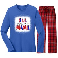 All American Mama 4th Of July Bleached Tie Dye American Flag Gift Women's Long Sleeve Flannel Pajama Set 