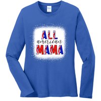 All American Mama 4th Of July Bleached Tie Dye American Flag Gift Ladies Long Sleeve Shirt