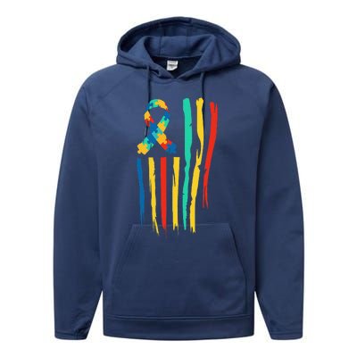 Autistic Awareness Month American Flag USA World Autism Day Performance Fleece Hoodie