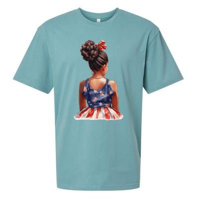 African American Messy Bun Girl Dress Watercolor Sueded Cloud Jersey T-Shirt