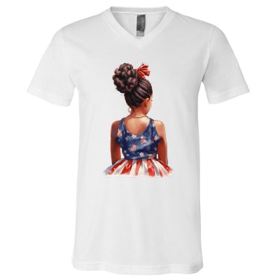 African American Messy Bun Girl Dress Watercolor V-Neck T-Shirt