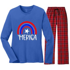 American America `Merica Rainbow Flag Patriotic 4th Of July Gift Women's Long Sleeve Flannel Pajama Set 