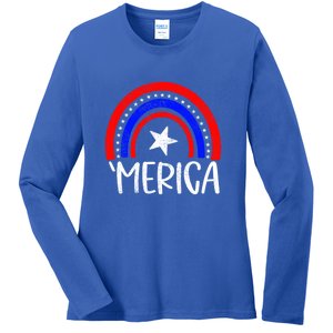 American America `Merica Rainbow Flag Patriotic 4th Of July Gift Ladies Long Sleeve Shirt