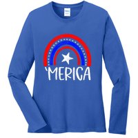 American America `Merica Rainbow Flag Patriotic 4th Of July Gift Ladies Long Sleeve Shirt