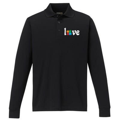 Autistic Awareness Month LOVE Puzzle Pieces Heart Autism Day Performance Long Sleeve Polo