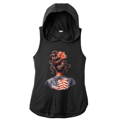 African American Messy Bun Girl USA Flag Watercolor Flowers Ladies PosiCharge Tri-Blend Wicking Draft Hoodie Tank