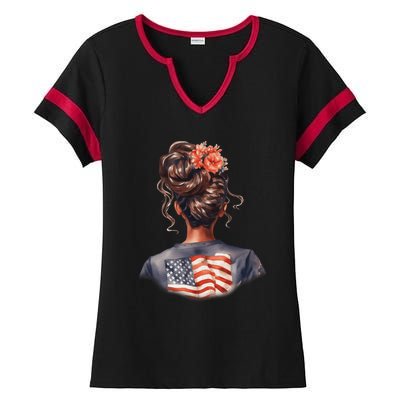 African American Messy Bun Girl USA Flag Watercolor Flowers Ladies Halftime Notch Neck Tee