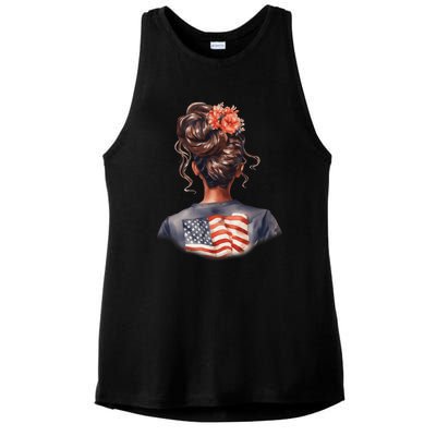 African American Messy Bun Girl USA Flag Watercolor Flowers Ladies PosiCharge Tri-Blend Wicking Tank