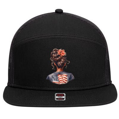 African American Messy Bun Girl USA Flag Watercolor Flowers 7 Panel Mesh Trucker Snapback Hat