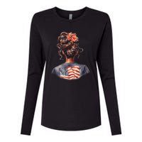 African American Messy Bun Girl USA Flag Watercolor Flowers Womens Cotton Relaxed Long Sleeve T-Shirt