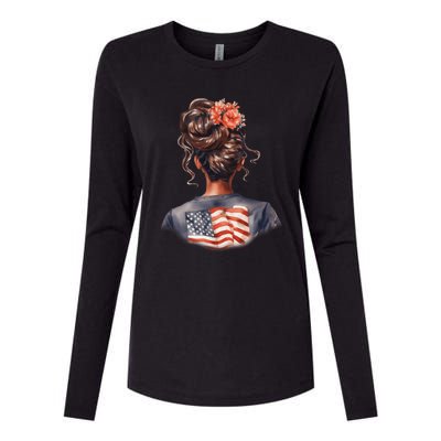 African American Messy Bun Girl USA Flag Watercolor Flowers Womens Cotton Relaxed Long Sleeve T-Shirt