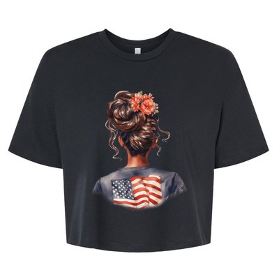 African American Messy Bun Girl USA Flag Watercolor Flowers Bella+Canvas Jersey Crop Tee