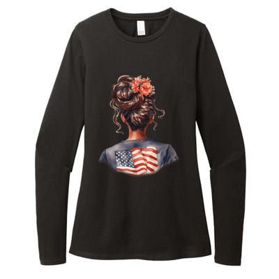 African American Messy Bun Girl USA Flag Watercolor Flowers Womens CVC Long Sleeve Shirt