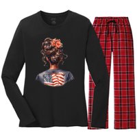 African American Messy Bun Girl USA Flag Watercolor Flowers Women's Long Sleeve Flannel Pajama Set 